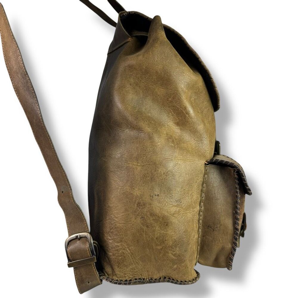 Vintage Distressed Handmade Rugged Rustic Soft Brown Tan Leather Backpack Bag - Picture 10 of 12
